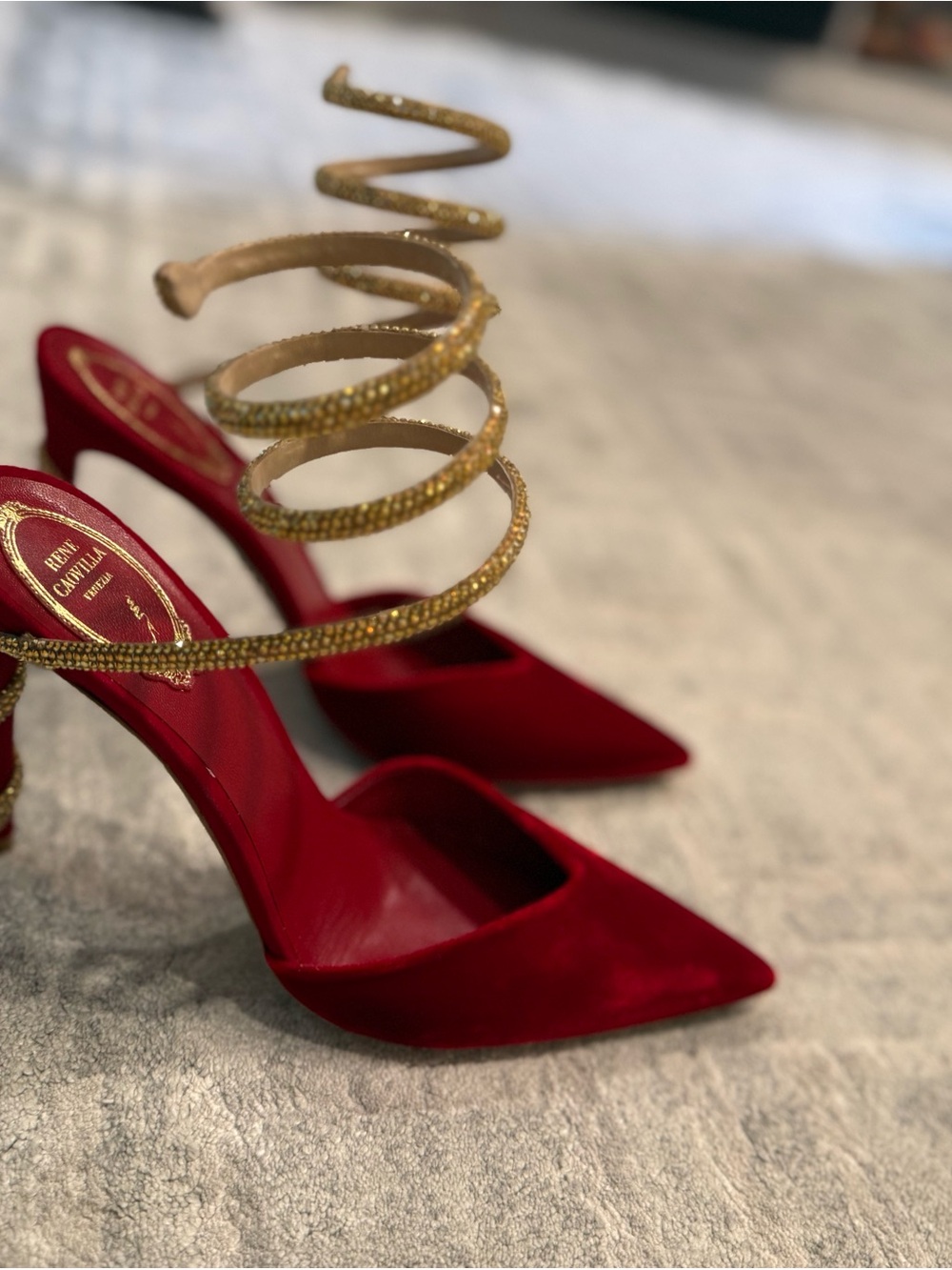 Red Velvet Pointed-Toe Heels with Gold Spiral Ankle Strap